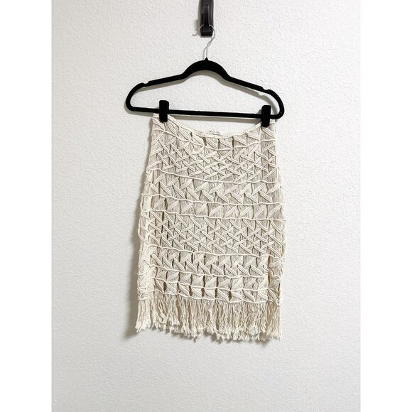 LOVESHACKFANCY Womens Naomi Macrame Crochet Fringe Skirt Side Zip Cream Small - Picture 3 of 7